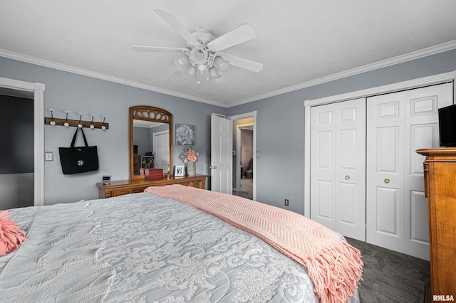 2512 W 45th St, Davenport, IA 52806 - bedroom featuring a closet, ornamental molding, ceiling fan, and carpet flooring