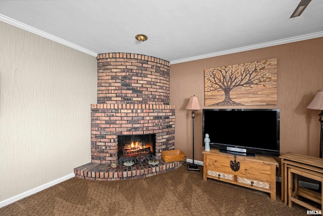 2512 W 45th St, Davenport, IA 52806 - carpeted living area featuring a brick fireplace, ornamental molding, and baseboards