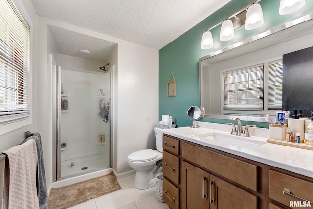 2115 W 31st St, Davenport, IA 52804 - bathroom featuring a stall shower, toilet, a textured ceiling, vanity, and tile patterned flooring