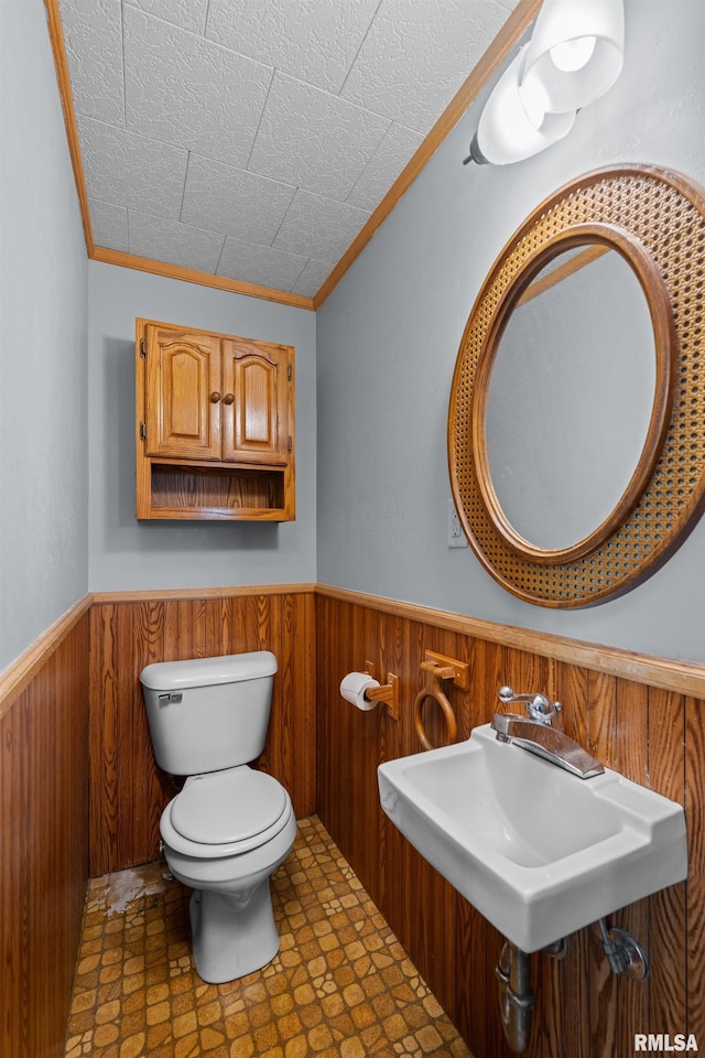 bathroom with toilet, wainscoting, crown molding, a sink, and wooden walls