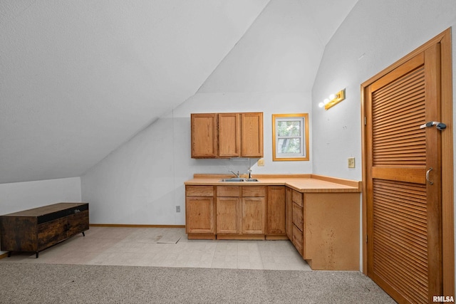 bar with vaulted ceiling, light colored carpet, and a sink