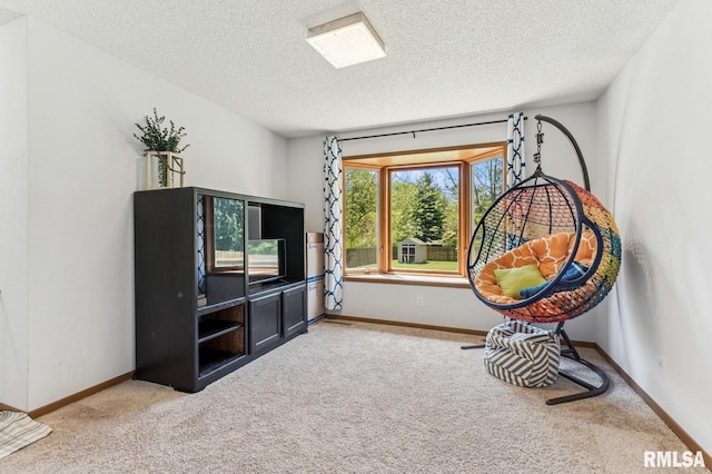 sitting room featuring light carpet, a textured ceiling, and baseboards