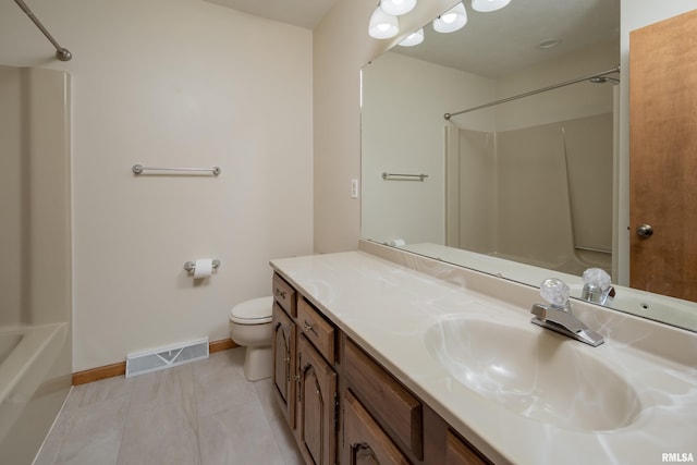 full bath with baseboards, toilet, vanity, and tile patterned flooring