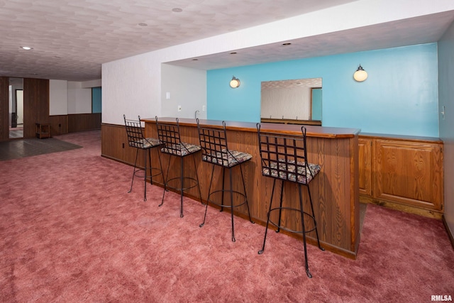 indoor wet bar with wood walls, wainscoting, carpet flooring, recessed lighting, and a textured ceiling