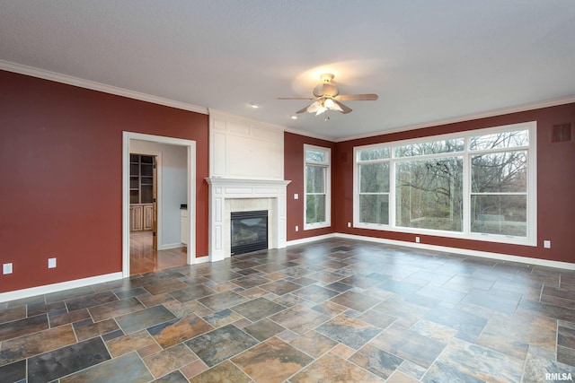 6800 Ridges Ct, Bettendorf, IA 52722 - unfurnished living room with baseboards, stone tile floors, a ceiling fan, ornamental molding, and a tile fireplace