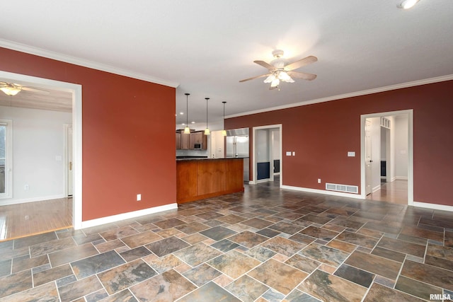 6800 Ridges Ct, Bettendorf, IA 52722 - unfurnished living room featuring a ceiling fan, baseboards, and crown molding
