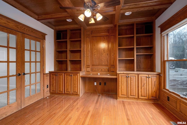 6800 Ridges Ct, Bettendorf, IA 52722 - unfurnished living room with french doors, wood ceiling, built in features, light wood-type flooring, and ceiling fan