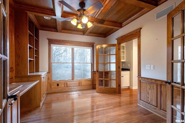 6800 Ridges Ct, Bettendorf, IA 52722 - unfurnished office featuring wood ceiling, coffered ceiling, french doors, light wood-type flooring, and beamed ceiling