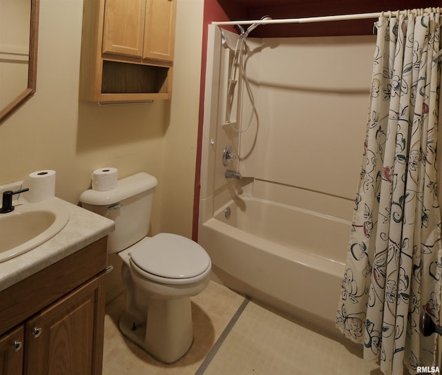 full bath featuring shower / bathtub combination with curtain, vanity, toilet, and tile patterned flooring