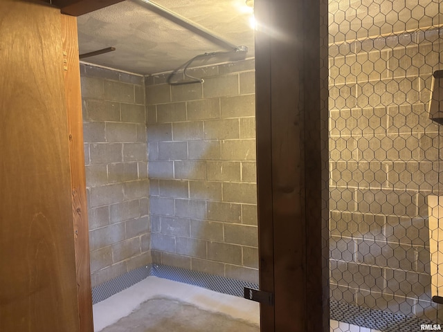 920 17th St Unit 28, Moline, IL 61265 - bathroom featuring a tile shower and concrete block wall