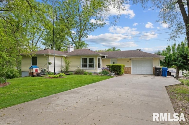 single story home featuring an attached garage, driveway, a front yard, and a chimney