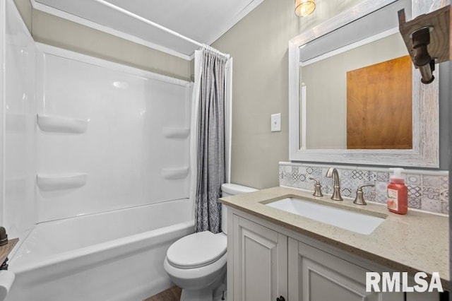 full bath with toilet, shower / bath combo, tasteful backsplash, and vanity