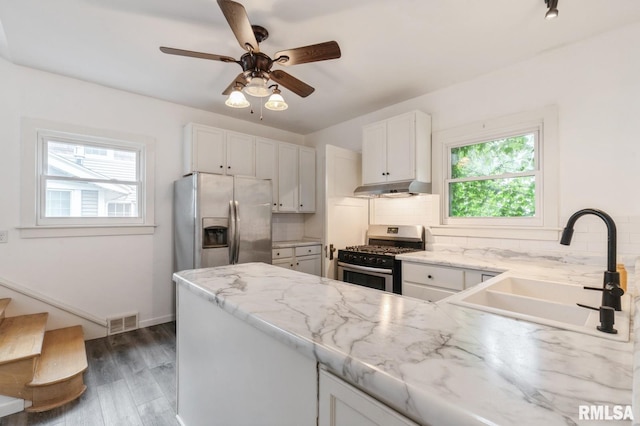 2505 Iowa St, Davenport, IA 52803 - kitchen featuring stainless steel appliances, under cabinet range hood, a sink, dark wood finished floors, and decorative backsplash