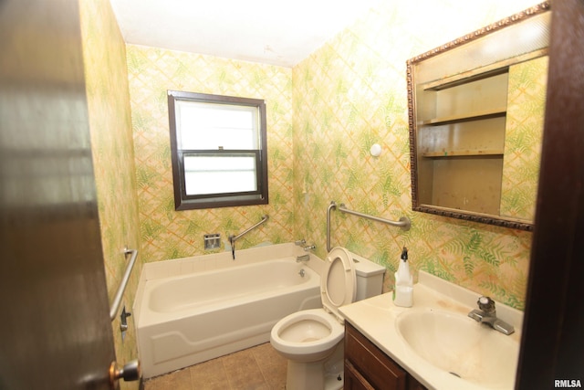 2630 N Concord St, Davenport, IA 52804 - bathroom with wallpapered walls, a tub, toilet, vanity, and tile patterned flooring
