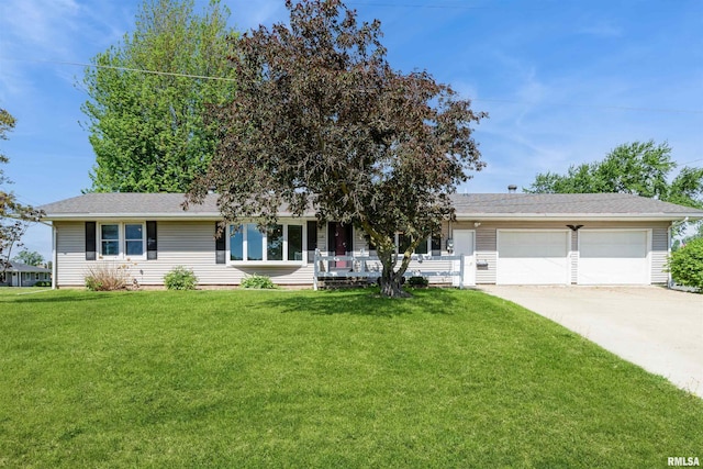 ranch-style home with concrete driveway, a front lawn, a garage, and a porch