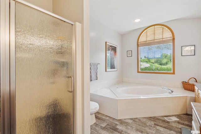 23835 284th Ave, Le Claire, IA 52748 - full bath featuring toilet, a stall shower, a bath, vanity, and recessed lighting