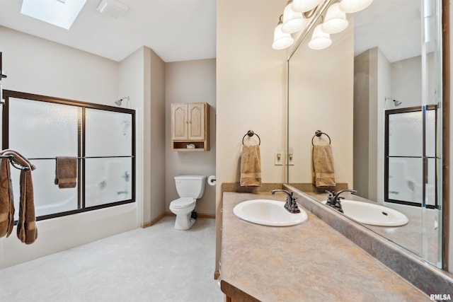 23835 284th Ave, Le Claire, IA 52748 - bathroom featuring a skylight, toilet, enclosed tub / shower combo, a chandelier, and vanity