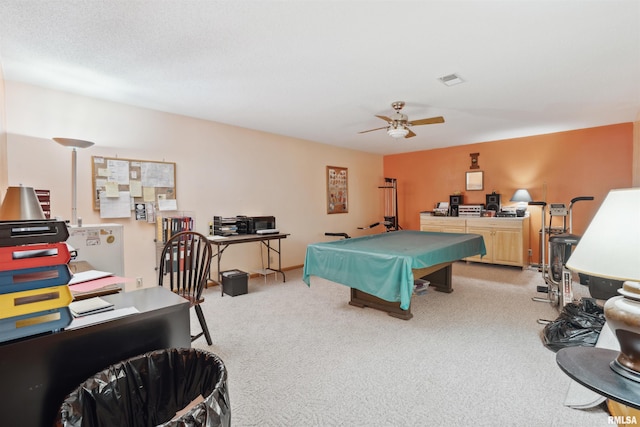 23835 284th Ave, Le Claire, IA 52748 - rec room featuring ceiling fan, light carpet, and pool table
