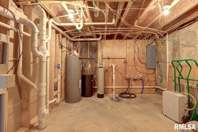 unfinished basement with water heater and electric panel