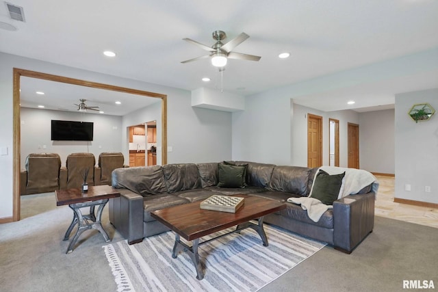 6531 Eagle Ridge Rd, Bettendorf, IA 52722 - living room with a ceiling fan, recessed lighting, light colored carpet, and baseboards