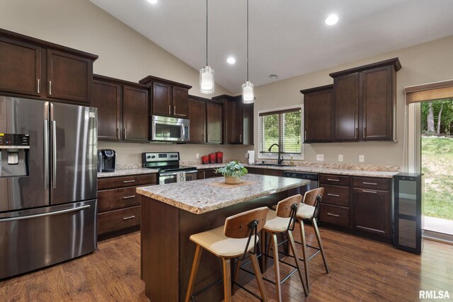 11 Musket Ct, Le Claire, IA 52753 - kitchen featuring appliances with stainless steel finishes, lofted ceiling, dark brown cabinets, dark wood-style flooring, and a sink