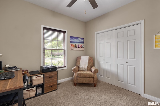 11 Musket Ct, Le Claire, IA 52753 - home office with a ceiling fan, carpet flooring, and baseboards