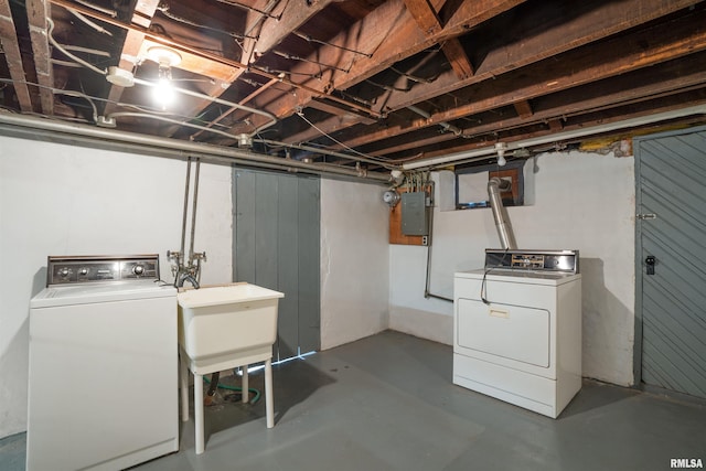 2006 Dixwell St, Davenport, IA 52802 - unfinished basement featuring washing machine and dryer, electric panel, and a sink