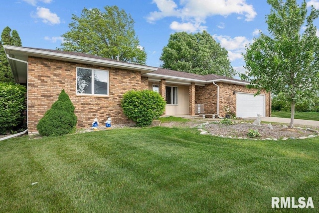 5117 Woodland Ave, Davenport, IA 52807 - ranch-style house featuring a garage, brick siding, a front lawn, and concrete driveway