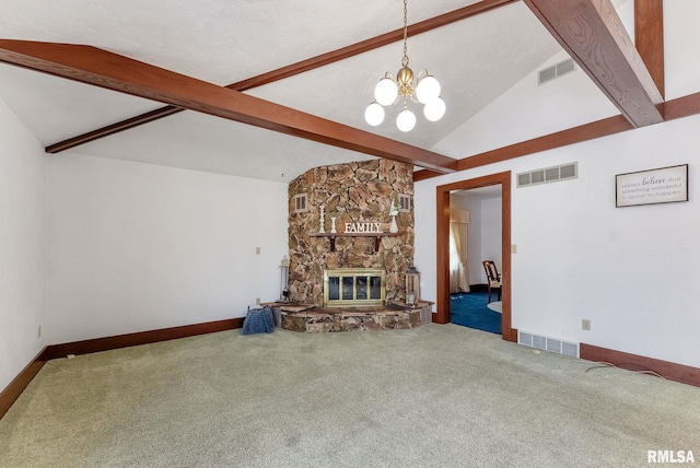 2707 Grand Ave, Davenport, IA 52803 - unfurnished living room featuring carpet, a chandelier, a fireplace, and baseboards