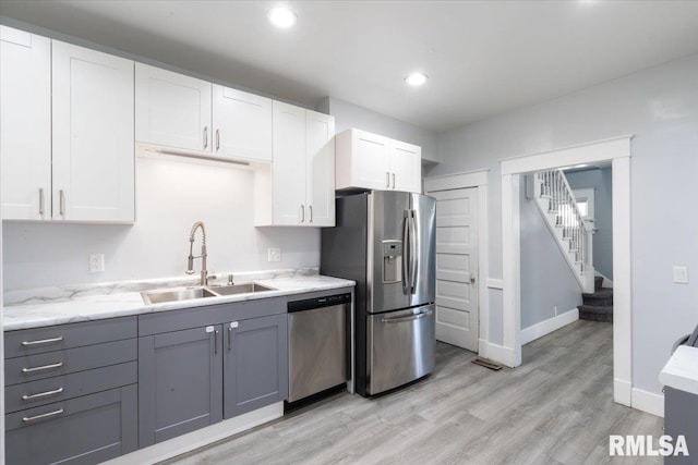 1720 Davie St, Davenport, IA 52804 - kitchen with appliances with stainless steel finishes, a sink, white cabinetry, light wood-style floors, and recessed lighting