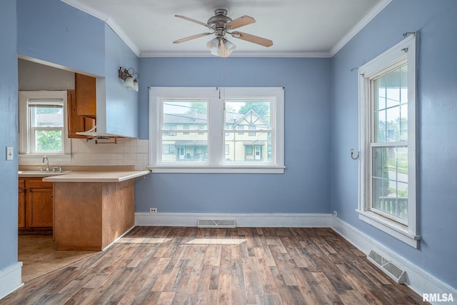 2721 11th Ave Unit B, Moline, IL 61265 - kitchen featuring a sink, crown molding, wood finished floors, brown cabinetry, and a ceiling fan