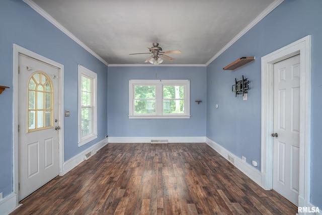 2721 11th Ave Unit B, Moline, IL 61265 - foyer entrance featuring ceiling fan, wood finished floors, baseboards, and crown molding