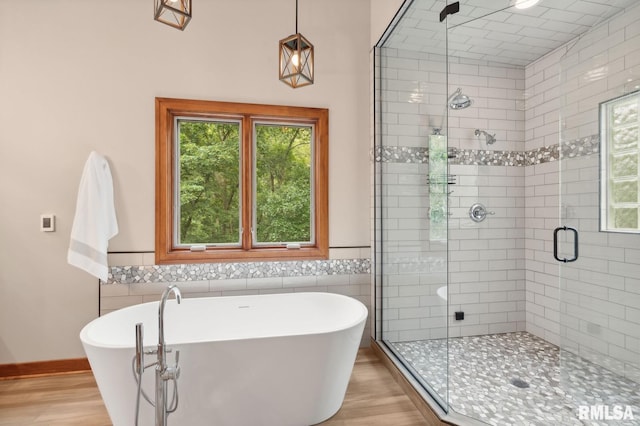 27998 229th St, Le Claire, IA 52753 - bathroom with wood finished floors, plenty of natural light, a shower stall, tile walls, and wainscoting