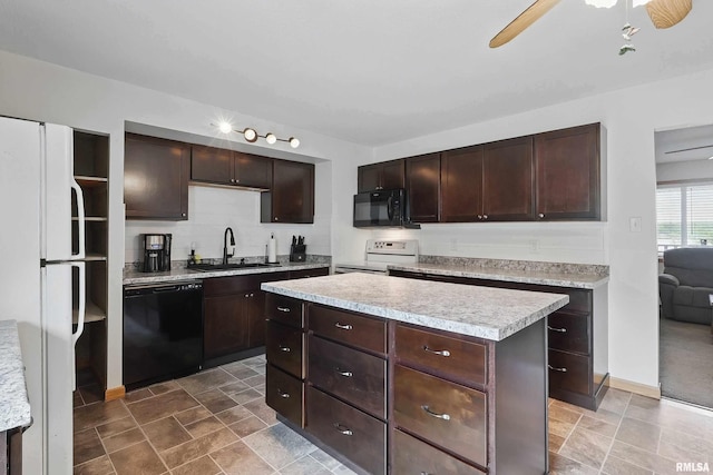21704 283rd Ave, Le Claire, IA 52753 - kitchen with black appliances, a sink, light countertops, dark brown cabinetry, and a kitchen island