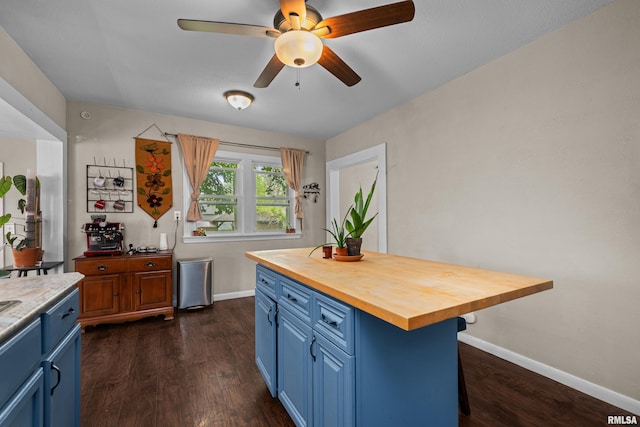 3610 12th Ave, Moline, IL 61265 - kitchen featuring blue cabinets, wooden counters, dark wood-style flooring, and ceiling fan