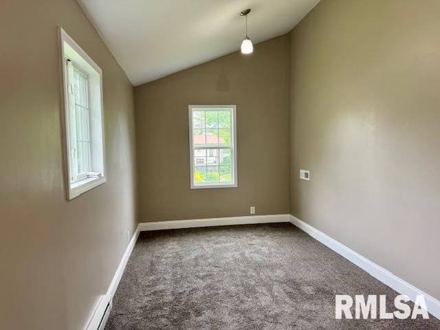 1203 13th Ave S, Clinton, IA 52732 - carpeted empty room featuring lofted ceiling and baseboards