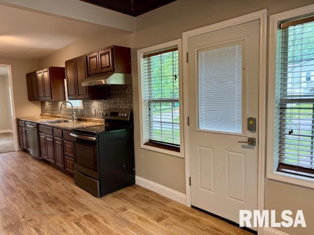 1203 13th Ave S, Clinton, IA 52732 - kitchen featuring black electric range, under cabinet range hood, a sink, stainless steel dishwasher, and baseboards