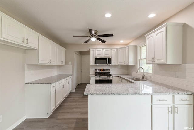 301 5th St, Matherville, IL 61263 - kitchen featuring appliances with stainless steel finishes, a sink, a peninsula, light stone countertops, and recessed lighting