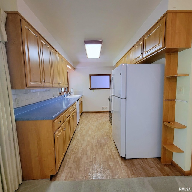 2727 32nd Avenue Ct, Rock Island, IL 61201 - kitchen with white appliances, a sink, light wood-style flooring, open shelves, and decorative backsplash