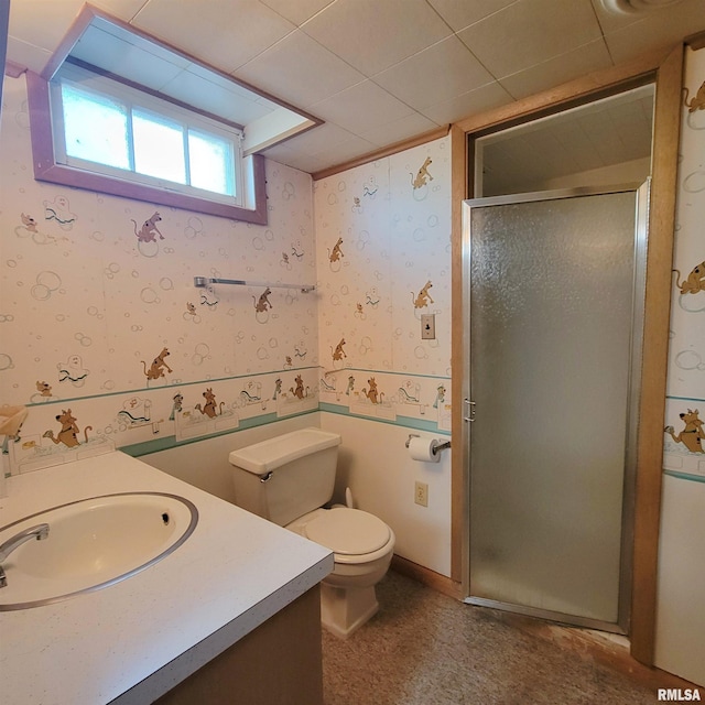 2727 32nd Avenue Ct, Rock Island, IL 61201 - bathroom with wallpapered walls, a shower stall, toilet, and vanity