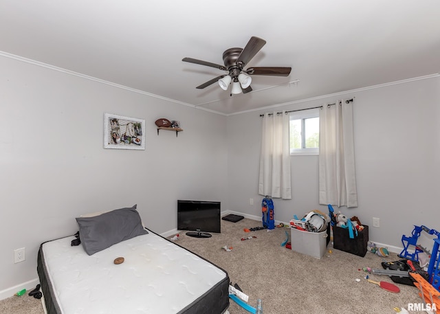 2908 N 4th St, Clinton, IA 52732 - carpeted bedroom with baseboards, ornamental molding, and a ceiling fan