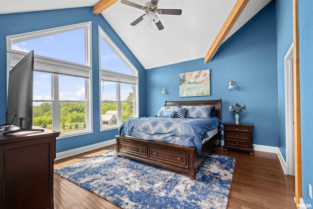 1335 N Utah Ave, Davenport, IA 52804 - bedroom with beamed ceiling, wood finished floors, baseboards, ceiling fan, and high vaulted ceiling