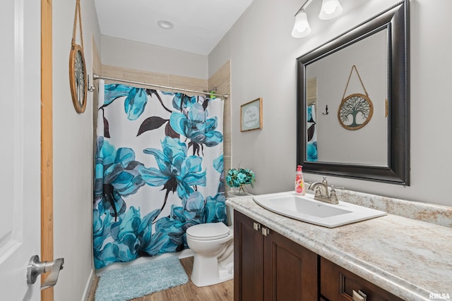 1335 N Utah Ave, Davenport, IA 52804 - bathroom featuring vanity, toilet, wood finished floors, and curtained shower