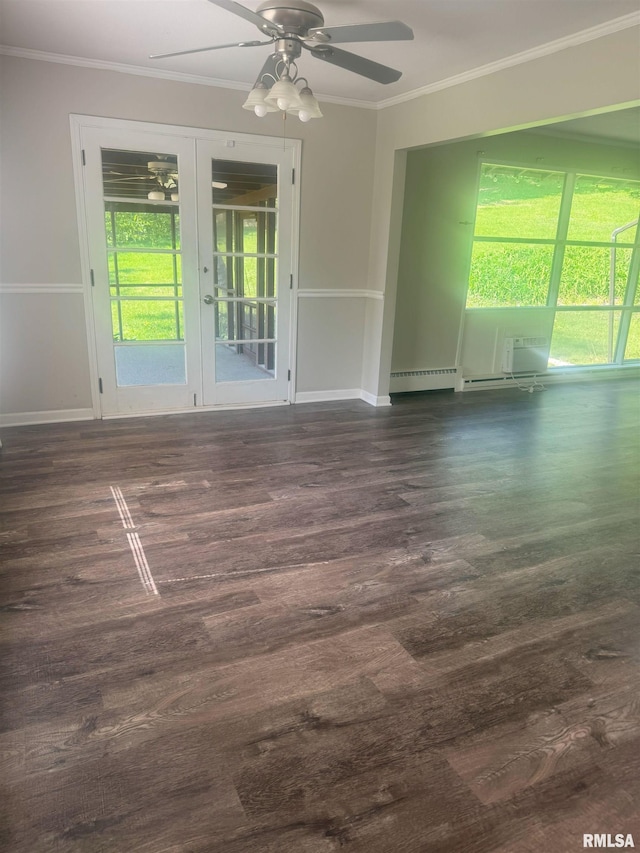 1510 Lazy Ln, Clinton, IA 52732 - empty room with baseboard heating, crown molding, dark wood finished floors, ceiling fan, and baseboards