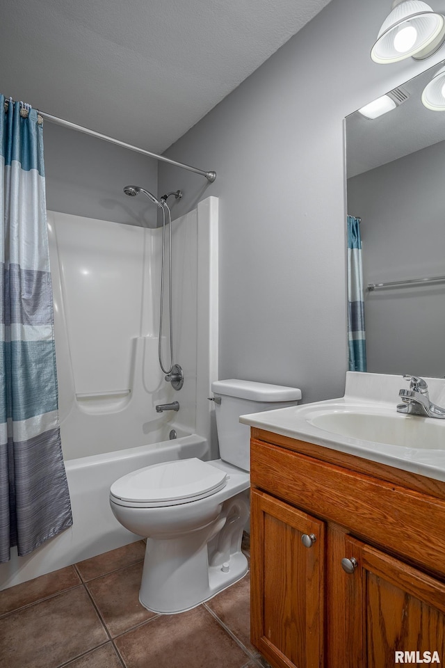 6939 Cresthill Dr, Davenport, IA 52806 - bathroom featuring vanity, shower / bathtub combination with curtain, tile patterned floors, and toilet