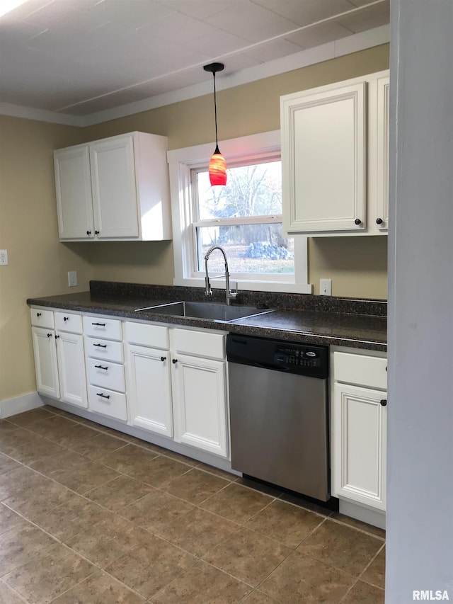 211 Chestnut St, Cambria, IL 62915 - kitchen with stainless steel dishwasher, a sink, white cabinetry, and decorative light fixtures