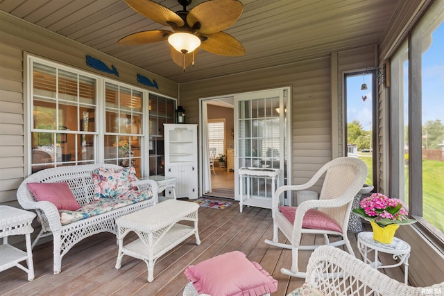 1361 Pinnacle Pines Ct, Bettendorf, IA 52722 - sunroom / solarium with wood ceiling, hardwood / wood-style flooring, and a ceiling fan