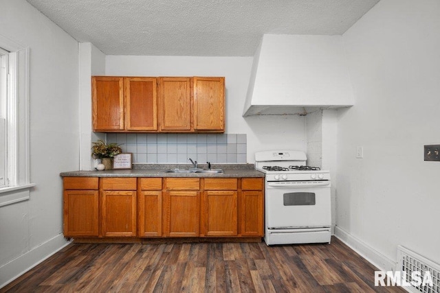 1603 Judson St, Davenport, IA 52803 - kitchen featuring gas range gas stove, a sink, brown cabinets, backsplash, and dark wood-style floors