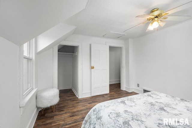 1603 Judson St, Davenport, IA 52803 - bedroom featuring dark wood finished floors, a closet, ceiling fan, baseboards, and attic access