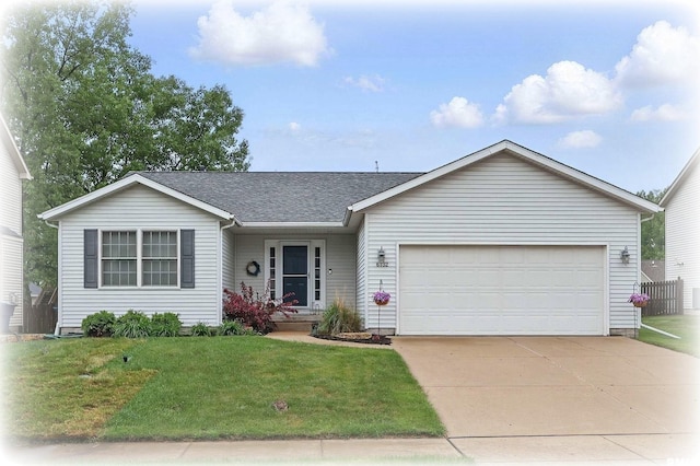 6732 Brookview Ln, Davenport, IA 52806 - ranch-style house featuring a front yard, an attached garage, a shingled roof, and concrete driveway